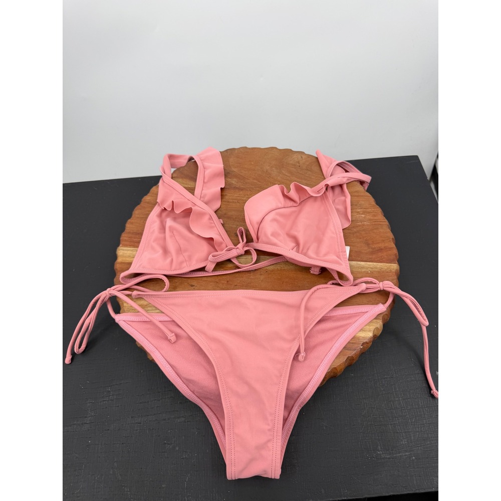 NA-KD V Neck Frill Bikini Set Women XS/S Pink Ruffle Side Tie 1552
